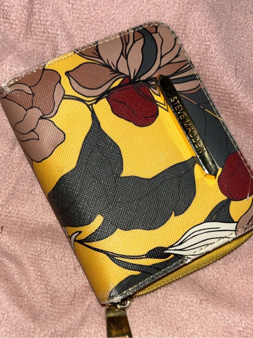 Steve Madden Yellow Floral Zip-Around Wallet with Gold Hardware